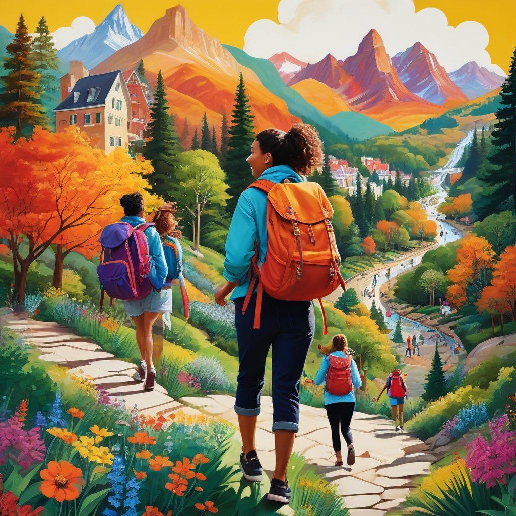 A vibrant collage of diverse leisure activities, including people engaging in hiking, painting, and dancing, set against a picturesque backdrop of nature and cityscapes. Incorporate elements of joy, laughter, and excitement, with playful illustrations of accessories like backpacks, art supplies, and musical instruments. Use bright colors to emphasize a sense of adventure and spontaneity. Evoke a feeling of community and shared experiences, appealing to a wide range of interests. colorful illustration. dynamic composition. vibrant colors.