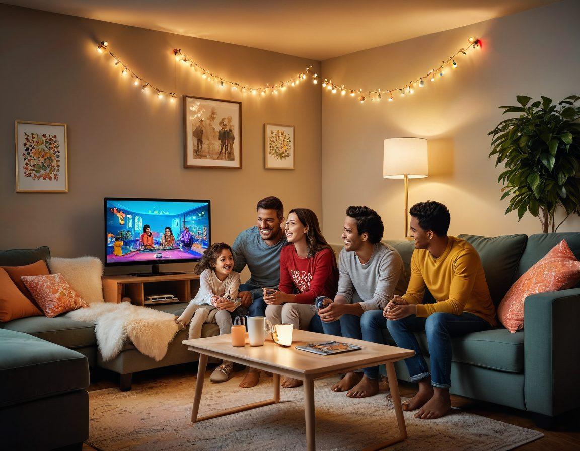 A lively family gathered around a computer, engaged in various virtual activities like online games, streaming movies, and video calls, all expressing joy and laughter. Colorful decorations and virtual icons representing different activities hover around them, conveying a sense of excitement and connection. A cozy living room setting with snacks and drinks adds to the warmth. super-realistic. vibrant colors.