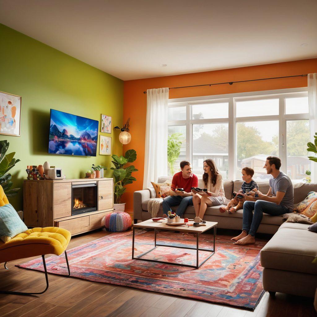 A joyful family gathered around a sleek gaming console, surrounded by colorful game controllers and playful digital screens displaying vibrant visuals. The room is filled with laughter, with children and parents cheering and enjoying a fun multiplayer game. Bright, whimsical decorations add to the playful atmosphere, emphasizing connection and engagement in family recreation. super-realistic. vibrant colors. cheerful ambiance.